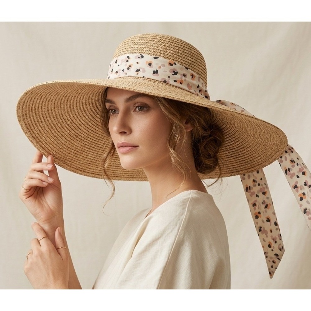 A New Day Hat Women Tan Straw Wide Brim Sun Hat with Leopard Print Ribbon Bow